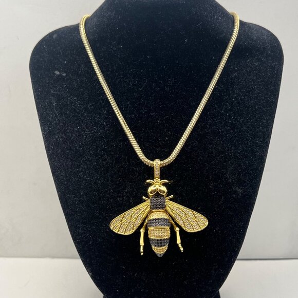Jewelry - Gold Tone Bee Pendant Necklace Pave Crystal Black Stones Statement 24" LOOK